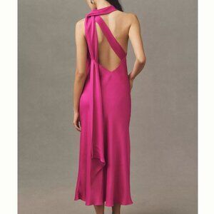 BHLDN Nicoletta One-Shoulder Tie-Neck Satin Midi Dress Raspberry - Size XS